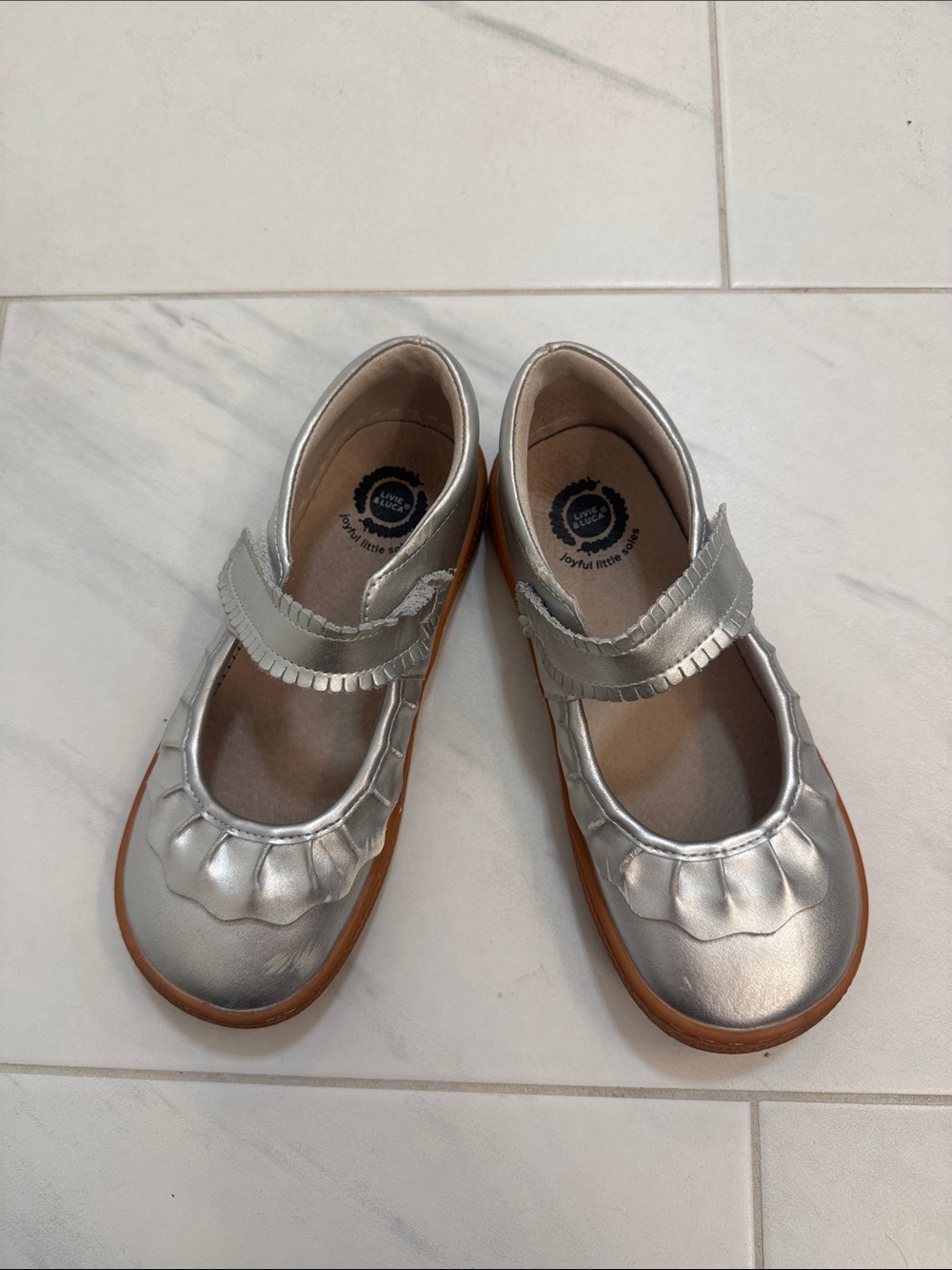Livie & Luca "Ruche" Silver Metallic Leather Ruffle Mary Janes - 3Y